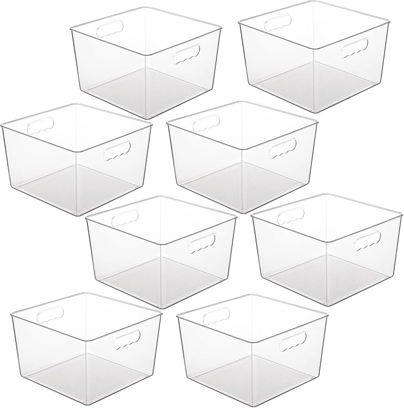 8-Pack 12x12x12 Clear Plastic Storage Bins for Kitchen and Laundry Roo
