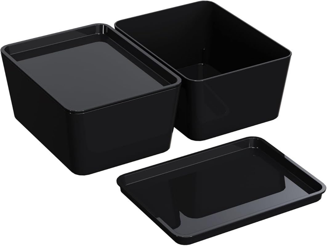 Black plastic storage bins with lids, 2-pack, 5x7 inches, stackable fo