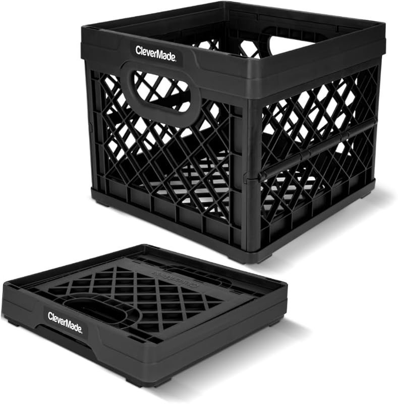Collapsible Plastic Milk Crate in Obsidian, 25L Capacity with Heavy-Du