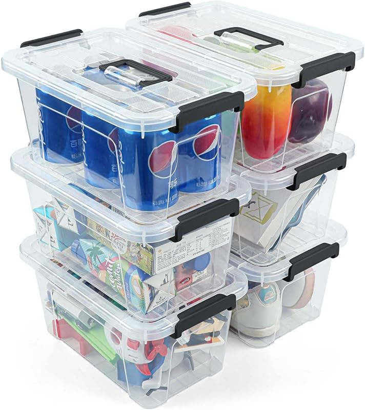 6-Pack Clear Plastic Storage Bins with Lids, Handles, and Buckle Latch