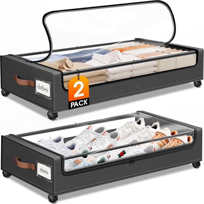 2-Pack Under Bed Storage with Wheels, Clear Window and Label Slot for 
