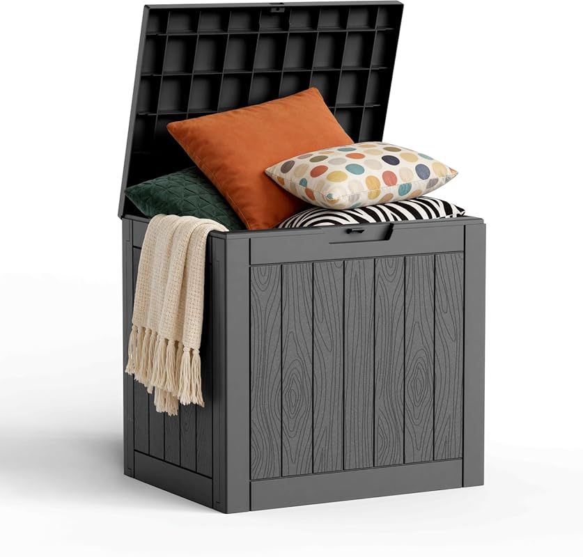 Black 30-gallon outdoor storage box, waterproof and lockable for patio