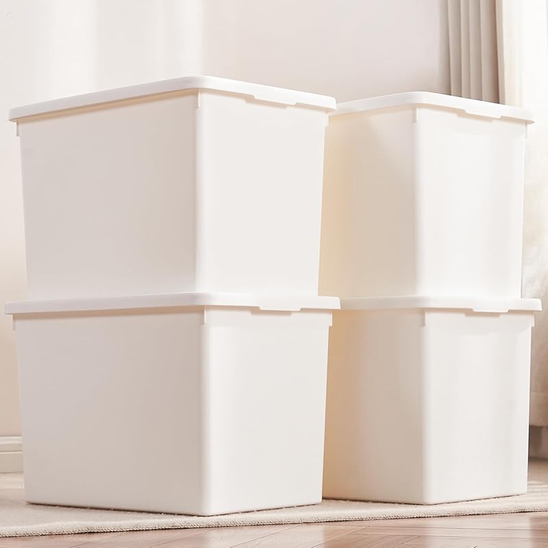 Stackable White Storage Boxes with Lids and Handles for Garage and Hom