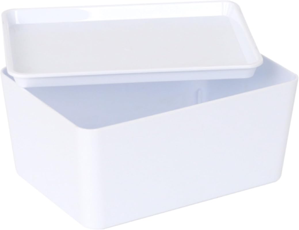 White Plastic Storage Bin with Lid and Handle for Desk, Drawer, or Clo