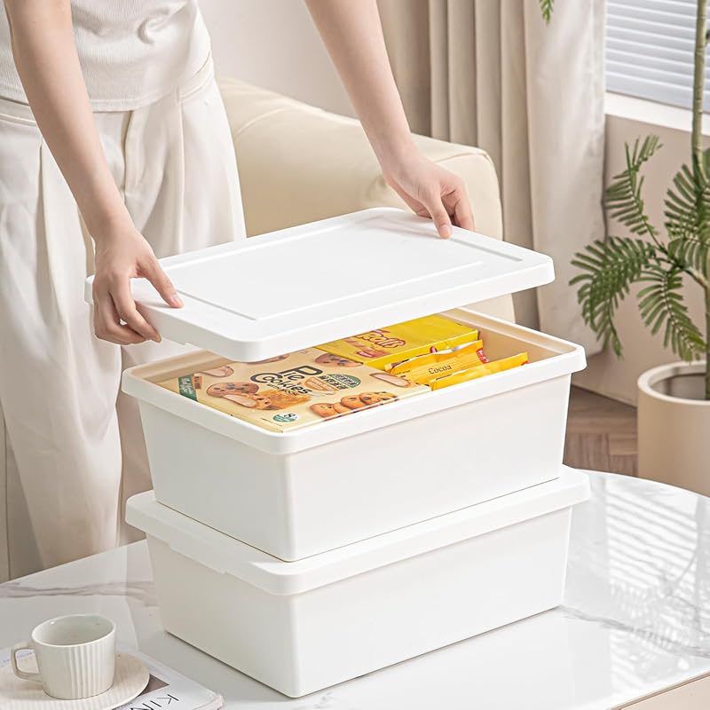 Large White Plastic Storage Box with Lid and Handle, Stackable and Wat