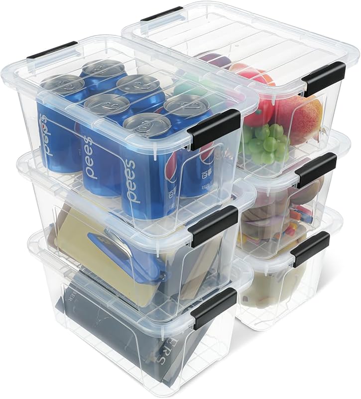 7 Quart Clear Plastic Storage Bins with Black Buckle Lids, 6 Pack, Sta