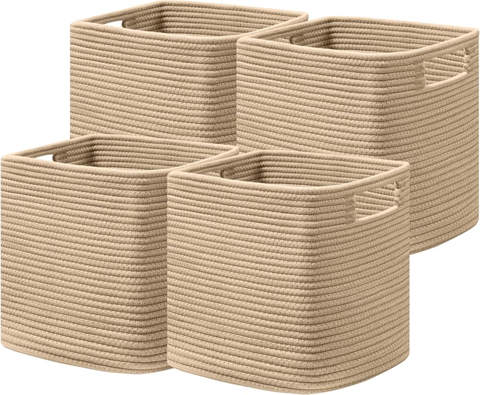 UBBCARE 12-Inch Cotton Rope Storage Bins with Handles, Set of 4, Brown