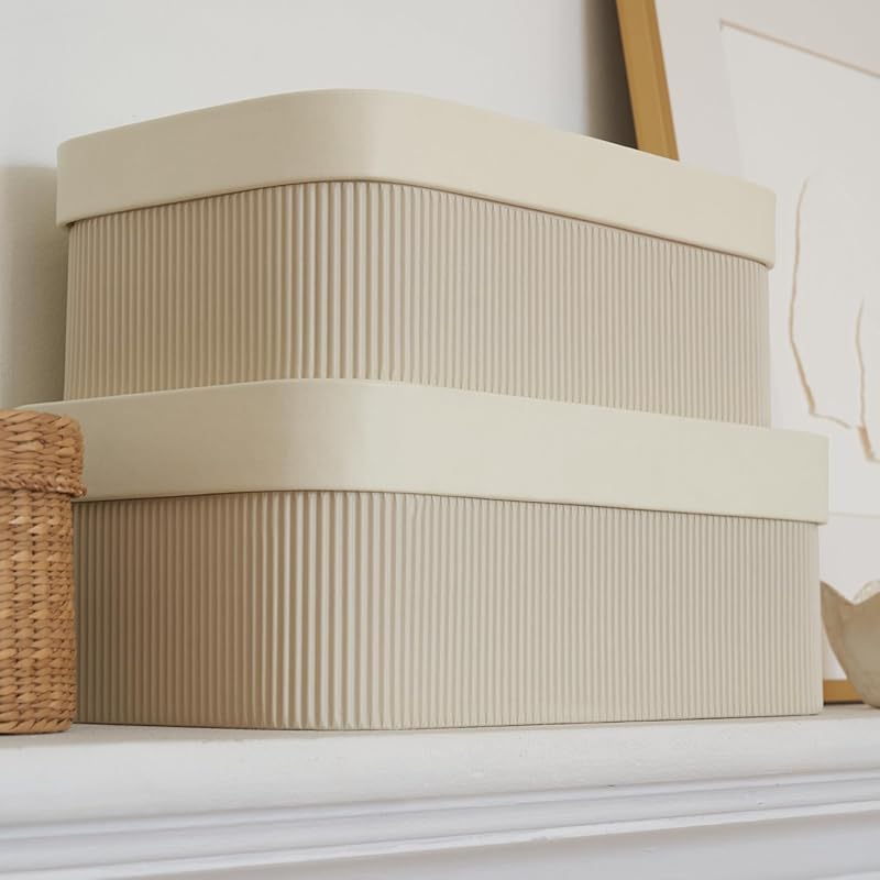 Fluted Cardboard Storage Boxes with Lids, Set of 2, for Bookshelf Deco