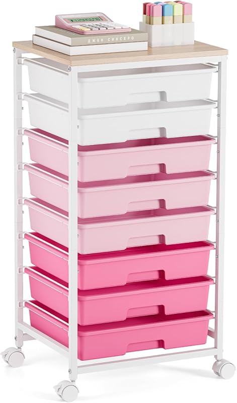 Rolling Cart with Drawers, Pink Cart with 8 Plastic Drawer Storage and