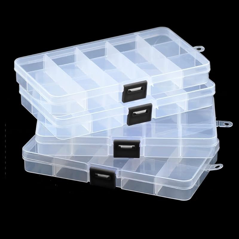 Clear plastic organizer box with adjustable dividers for crafts and sm