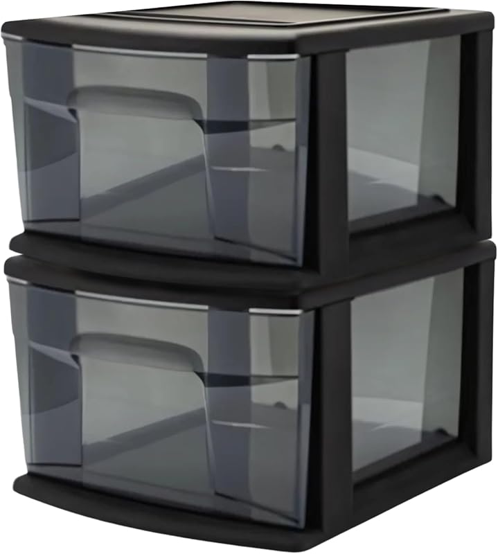Smoke Tint Plastic Two-Drawer Storage Cart, Black Frame, 14.25