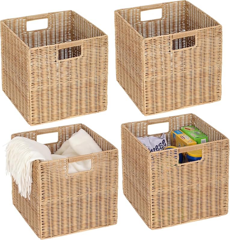 TAIMEI 12x12x12 Inch Plastic Wicker Cube Baskets, Set of 4, Foldable a