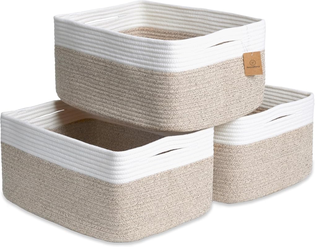 Cotton Rope Woven Storage Baskets 3-Pack, 16.8”x13”x7.6” for Blankets,
