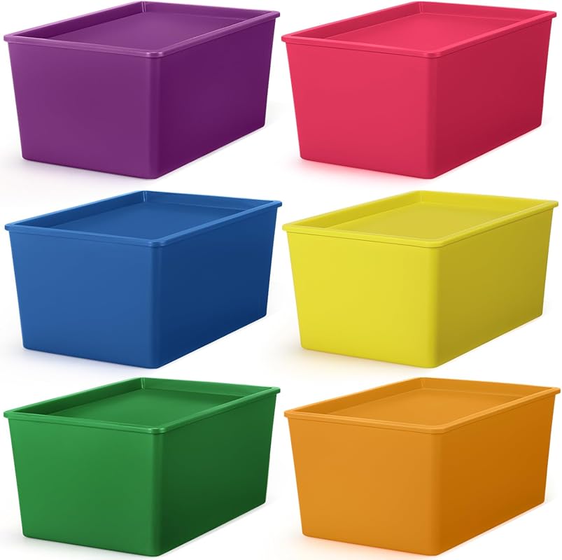 Colorful Plastic Storage Bins with Lids, 14.4 x 10.4 x 5.1 Inch, 6 Pac