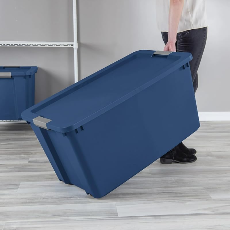 45 gallon blue plastic storage container with wheels and secure latch
