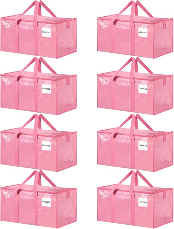 8 Pack Extra Large Heavy Duty Moving Bags, Pink Storage Bins with Lids