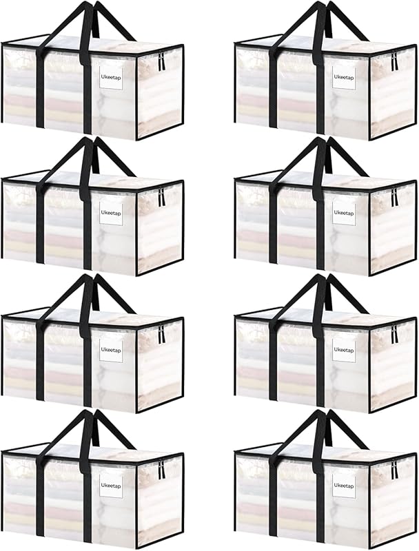 8 Pack Extra Large Heavy Duty Moving Bags, Clear Storage Bins with Lid