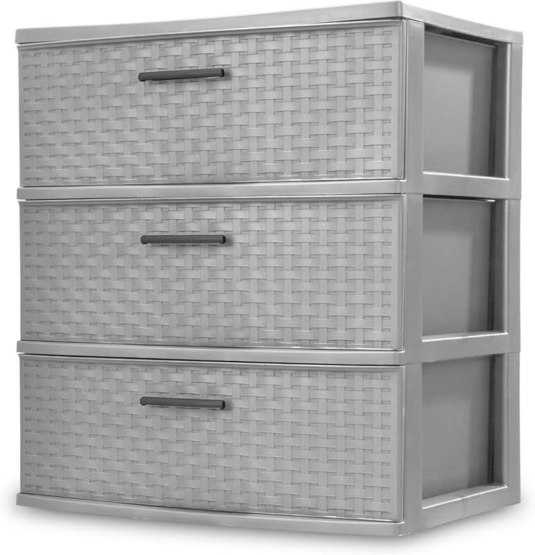 Gray Storage Drawer, 3 Drawer Plastic Weave Wide Tower with Pull Handl