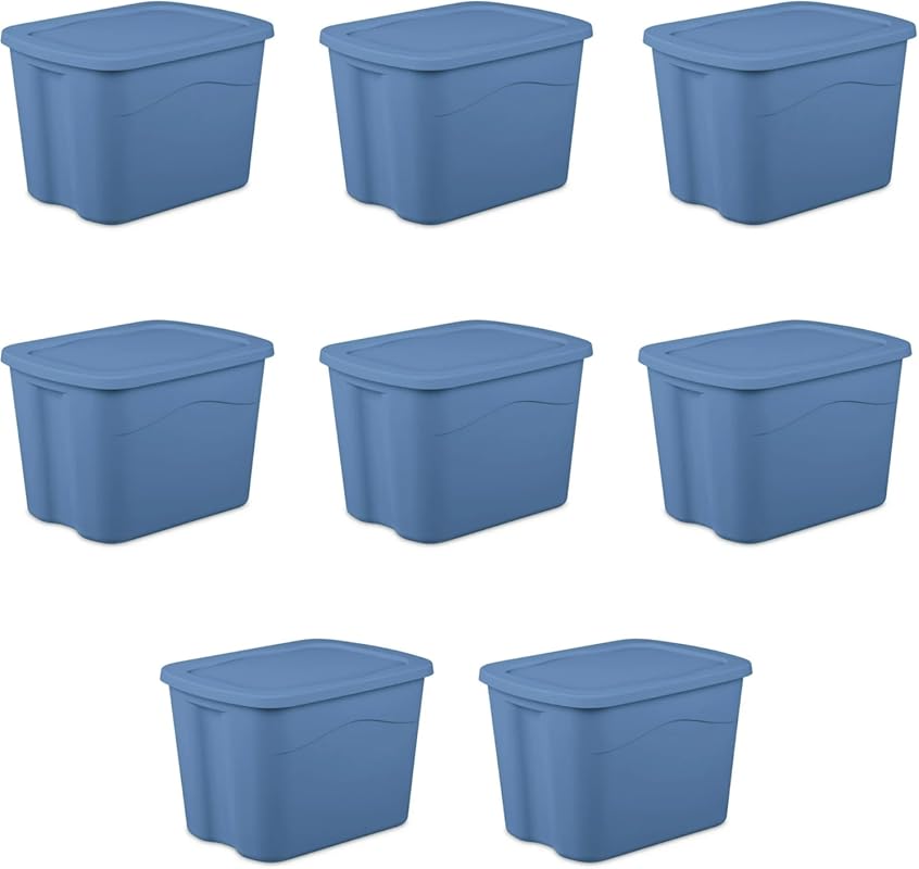 18 Gallon Stackable Plastic Storage Bin with Snap Lid, Light Blue, 8-P