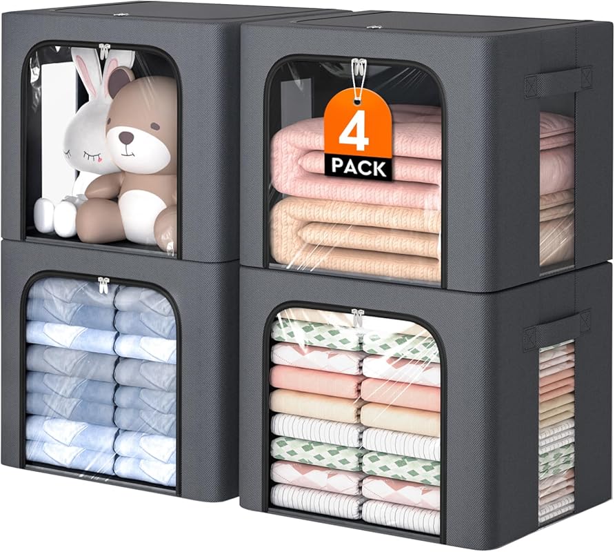 4 Pack Clothes Storage Bins with Metal Frame, 40L Foldable Fabric Stor