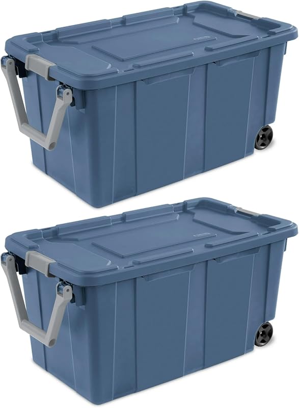 40 Gallon Plastic Storage Box, Wheeled Industrial Tote, Pack of 2