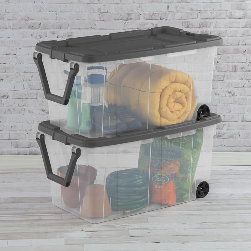 2 Count 160 Quart Wheeled Stacker, Extra Large Durable Clear Bin, Box 
