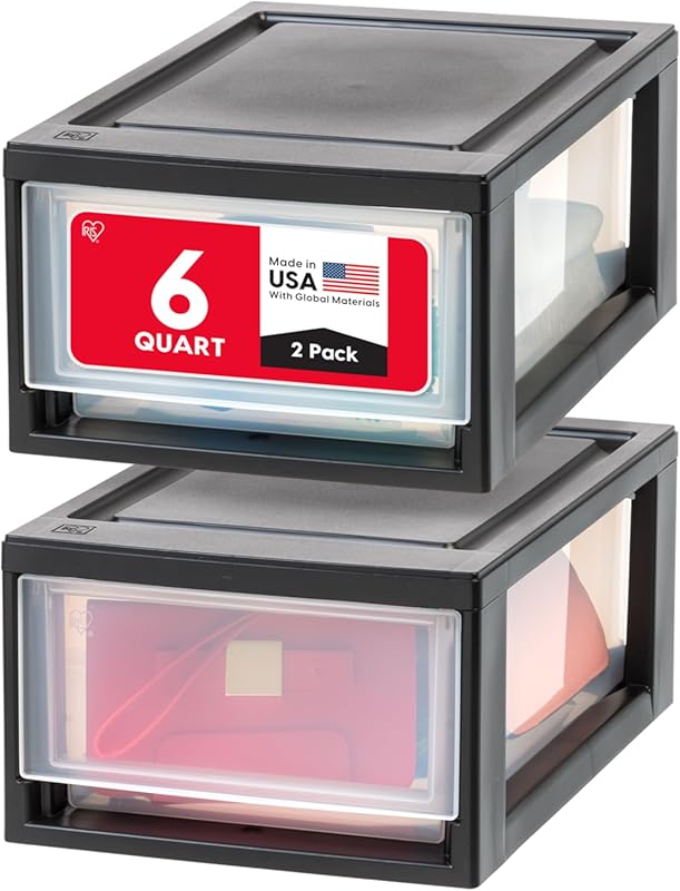 Stackable Plastic Two-Drawer Organizer, 6 Qt., Black, for Bedroom, Bat