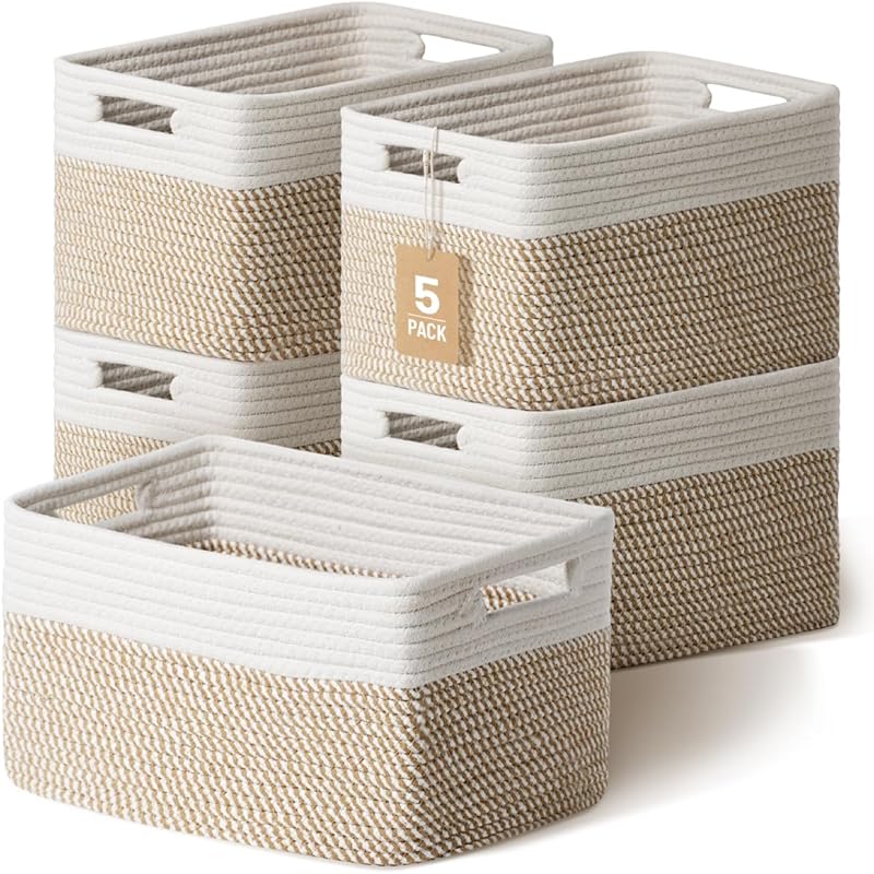Cotton Rope Woven Storage Baskets for Shelves and Closets, 5-Pack, Kha