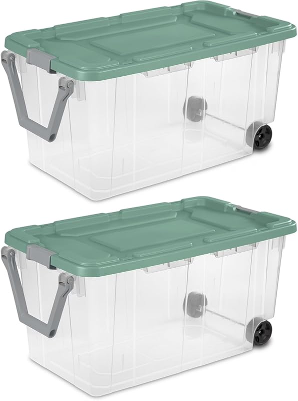 Extra large clear wheeled storage tote with pull handle and latch lid
