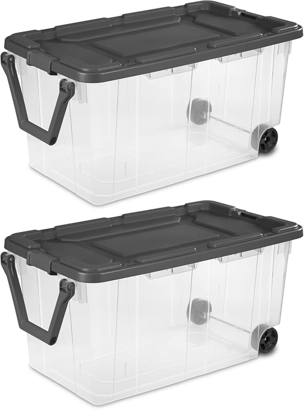 Large clear wheeled storage tote with pull handle and secure latch lid