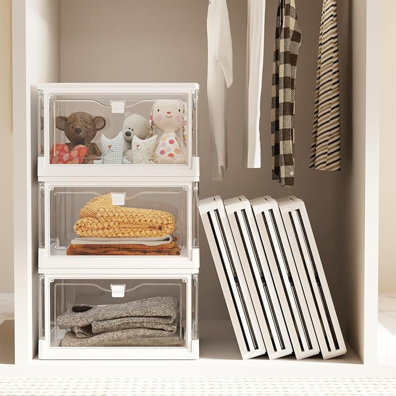 Foldable 24-quart clear plastic storage bins with lids, stackable clos