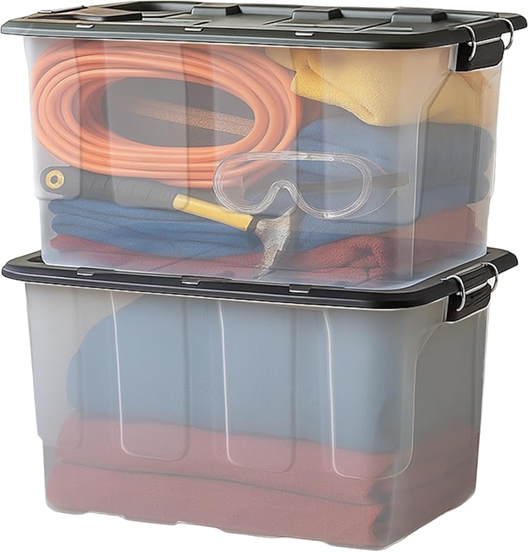 HOMZ 2 Pack 30-Gallon Clear Plastic Stackable Storage Bin with Lid, Co