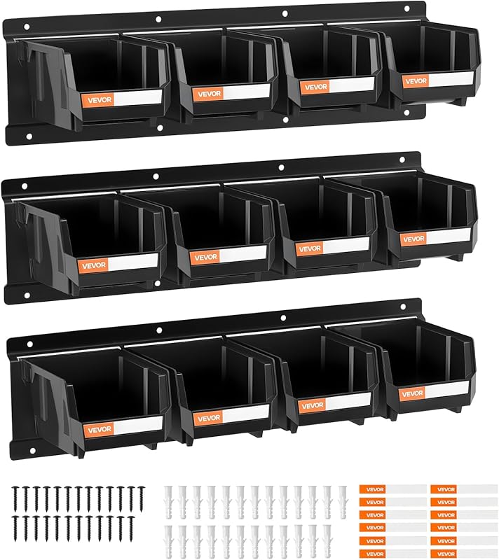 12-Pack Wall Mounted Plastic Storage Bins with Lids and Metal Rails fo