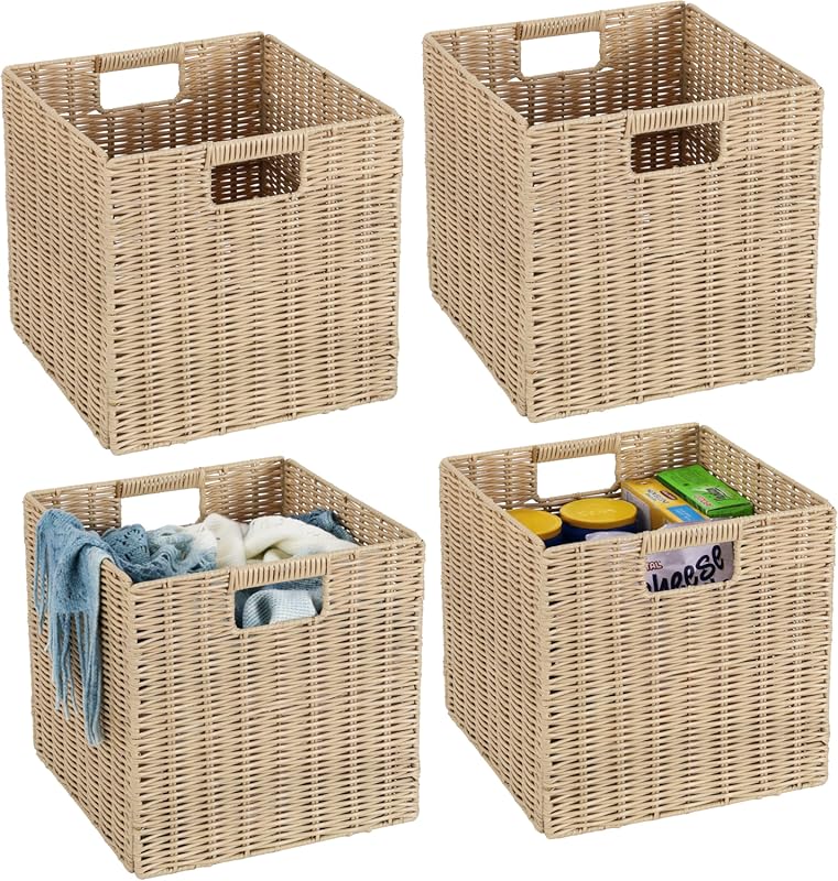 TAIMEI 12x12x12 Inch Plastic Wicker Cube Baskets, Set of 4, Foldable a