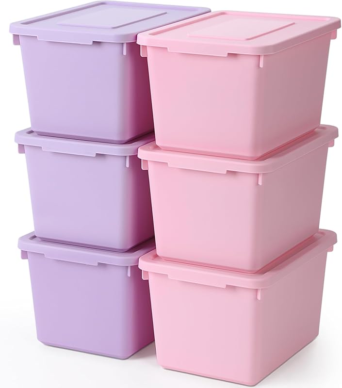 6 Pack Cute Plastic Storage Bins with Snap Tight Lids Small Stackable 