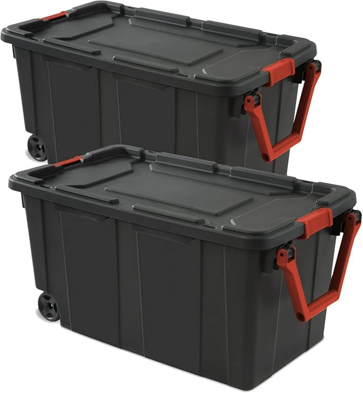 Heavy-Duty 40-Gallon Storage Container with Wheels, Black and Red, Pac