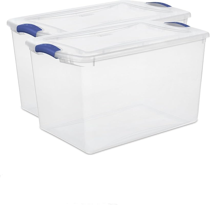 66 Quart Clear Plastic Storage Bins with Latching Lids, 2 Pack, Blue