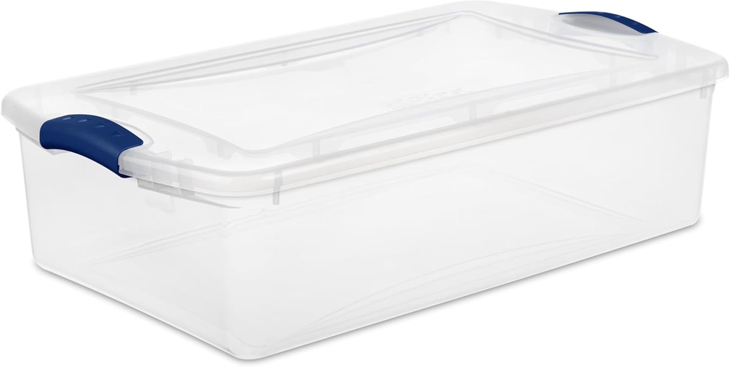 32 Quart Latch Box, Clear Plastic Storage Bin with Lid, Blue Latch