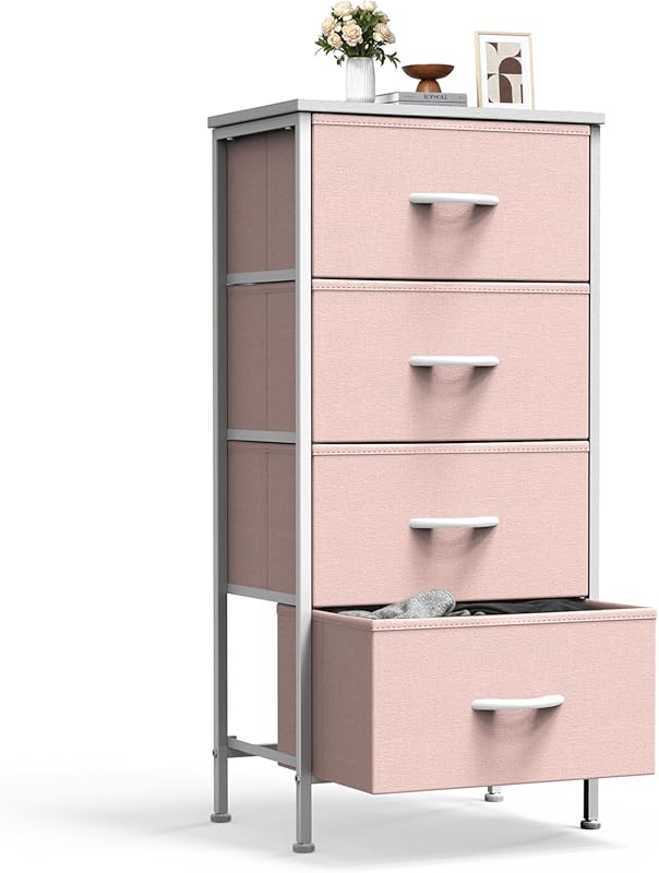 Sweetcrispy Nightstand Small Bedroom Dresser with 4 Fabric Drawers,Bed