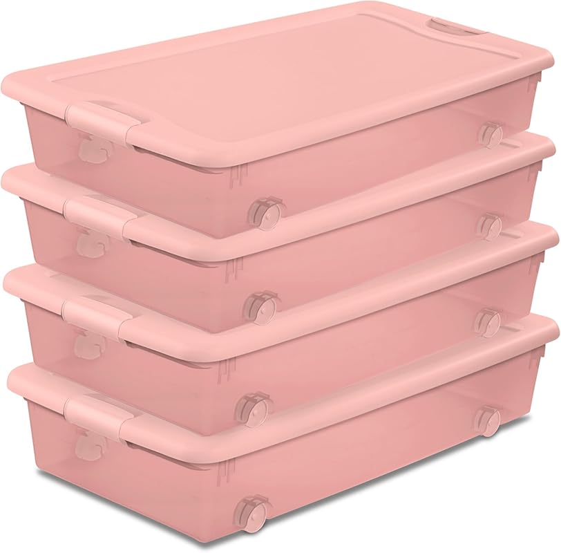 Pearl Tint Plastic Under Bed Storage Bins with Wheels and Latching Lid