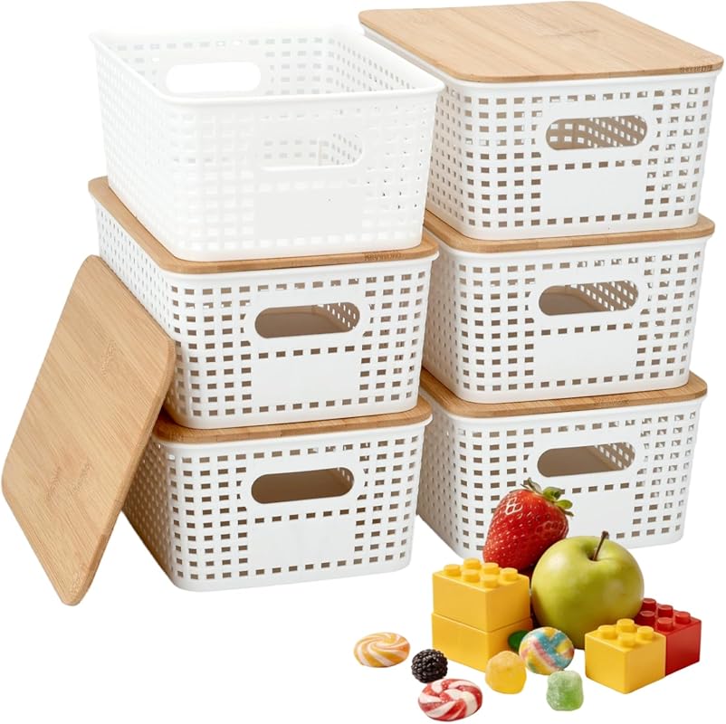 Stackable Storage Bins with Bamboo Lids, 6-Pack, BPA-Free Plastic, 5.1