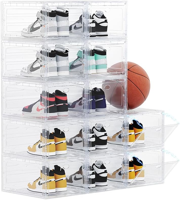 12-pack large clear plastic shoe storage boxes, stackable, fits up to