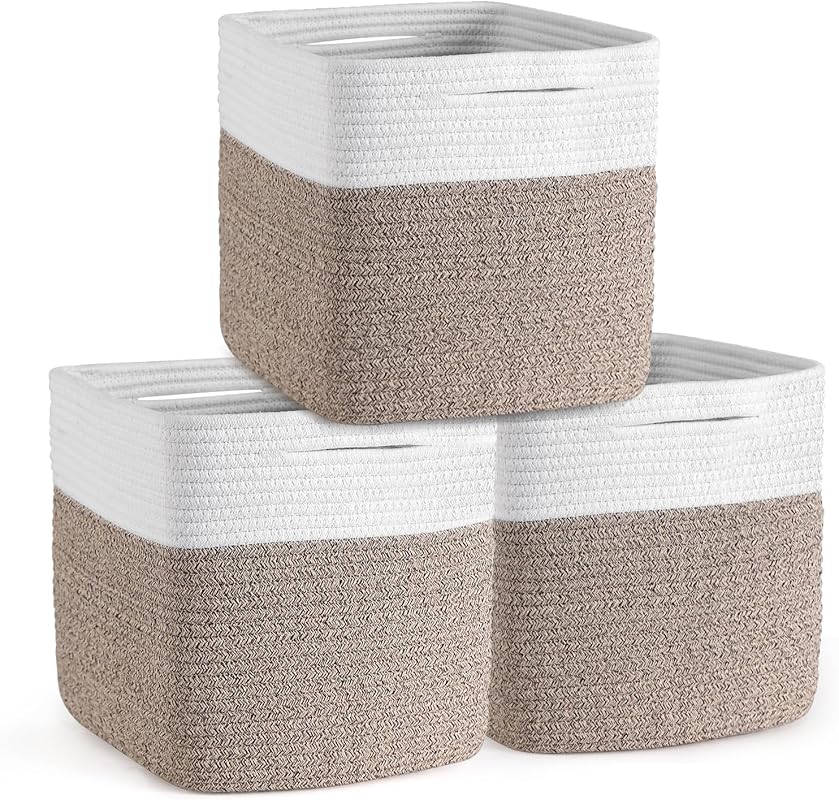 Cotton Rope Woven Storage Cubes, 11-Inch, Set of 3, White and Brown