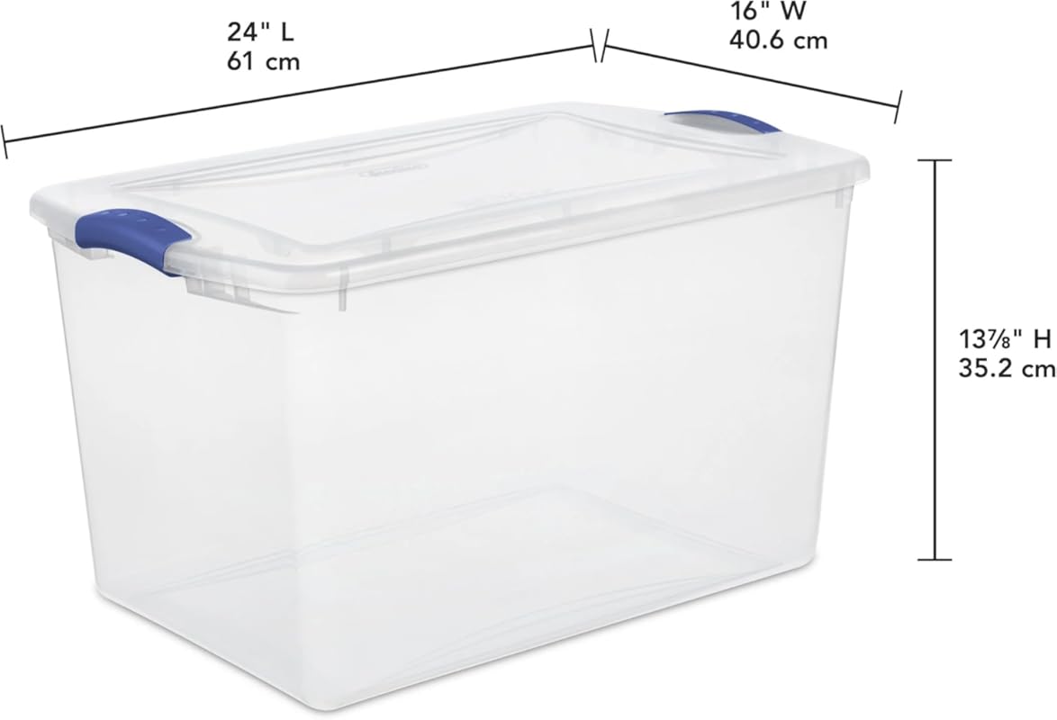 66 Quart Large Clear Storage Bin with Secure Latching Lid, Blue Plasti