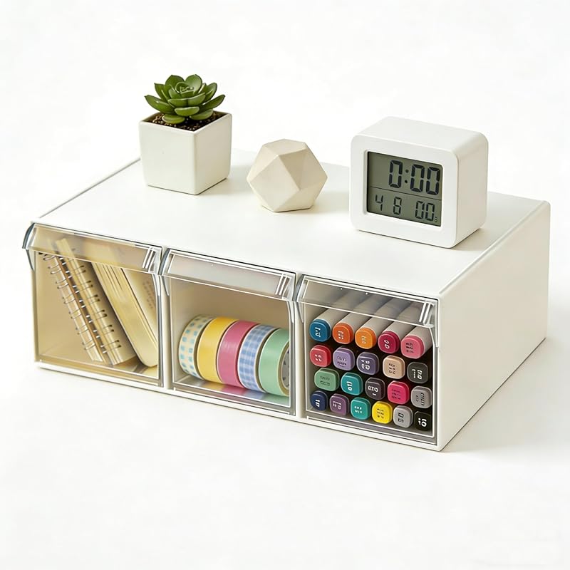Stackable Drawer Organizer with 3 Drawer, Desktop Clear Storage Box fo