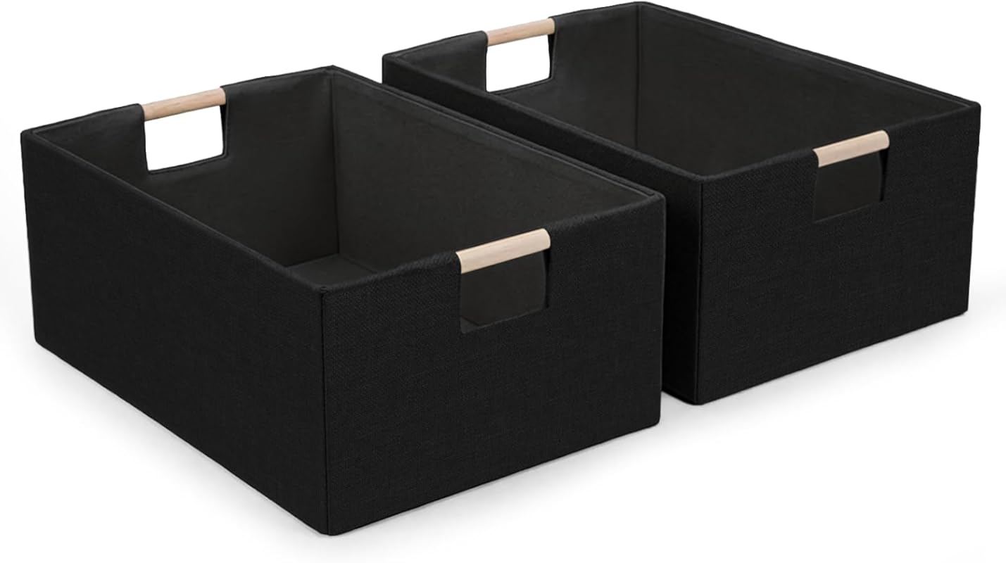 Foldable Linen Storage Bins with Wooden Handles for Closets and Shelve