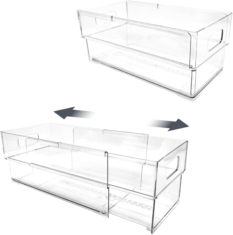 Adjustable clear plastic storage bins with cut-out handles, expandable