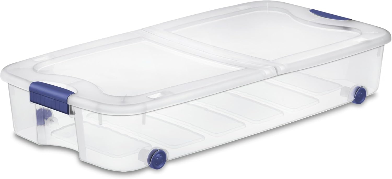66 Quart Clear Under Bed Storage Bin with Split Lid and Wheels for Eas