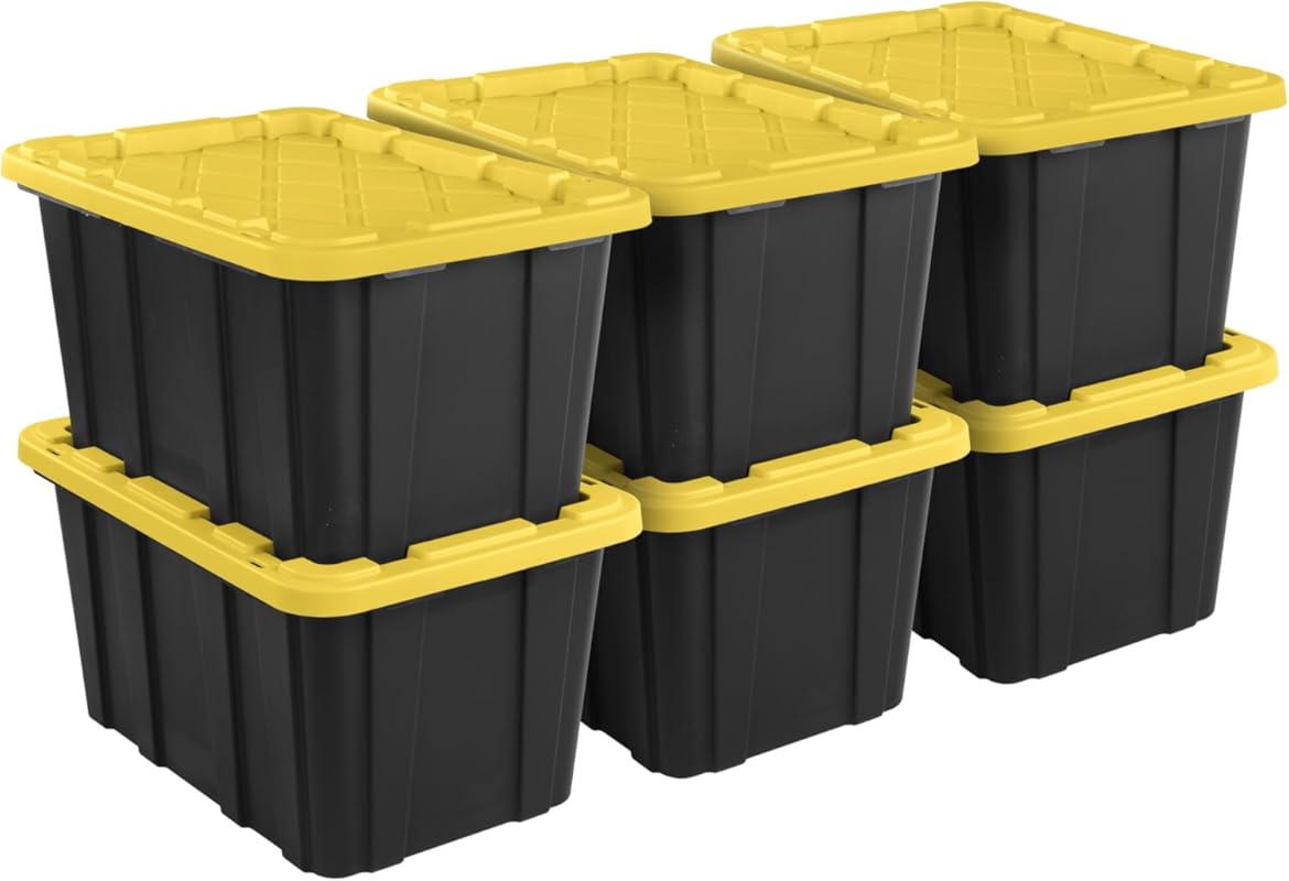 27 Gallon Industrial Storage Totes with Snap-On Lids, 6 Pack, Black an