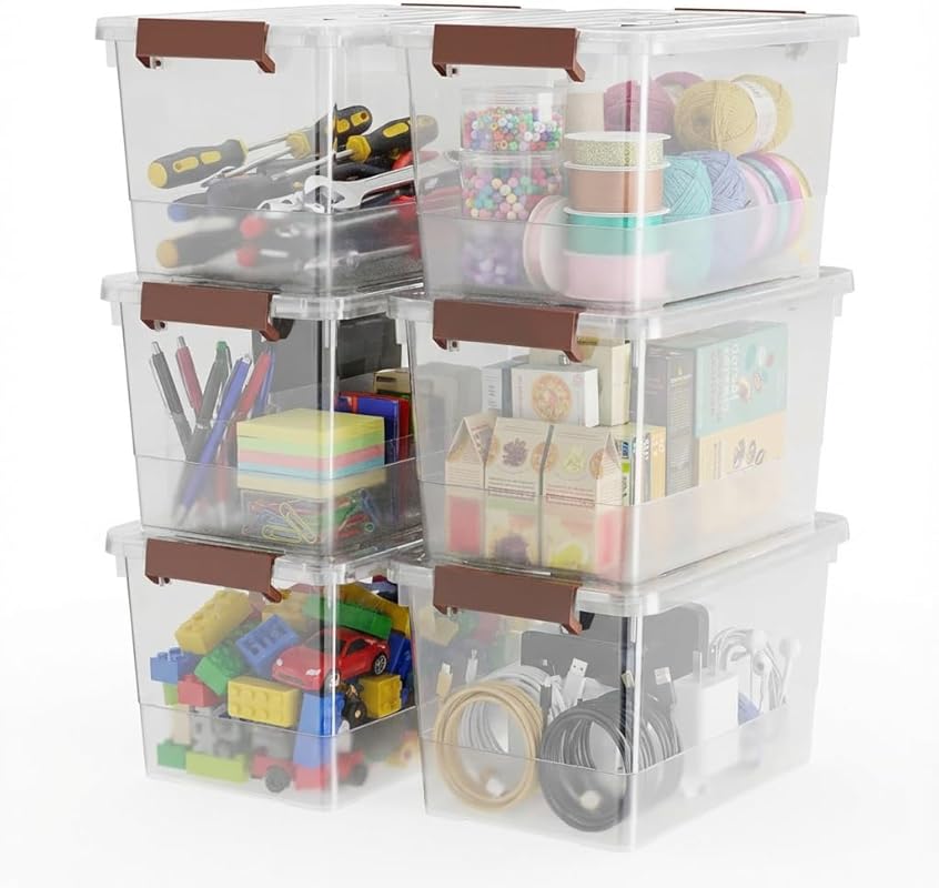 17 Quart Clear Storage Bins with Lids, 6-Pack Stackable Plastic Organi